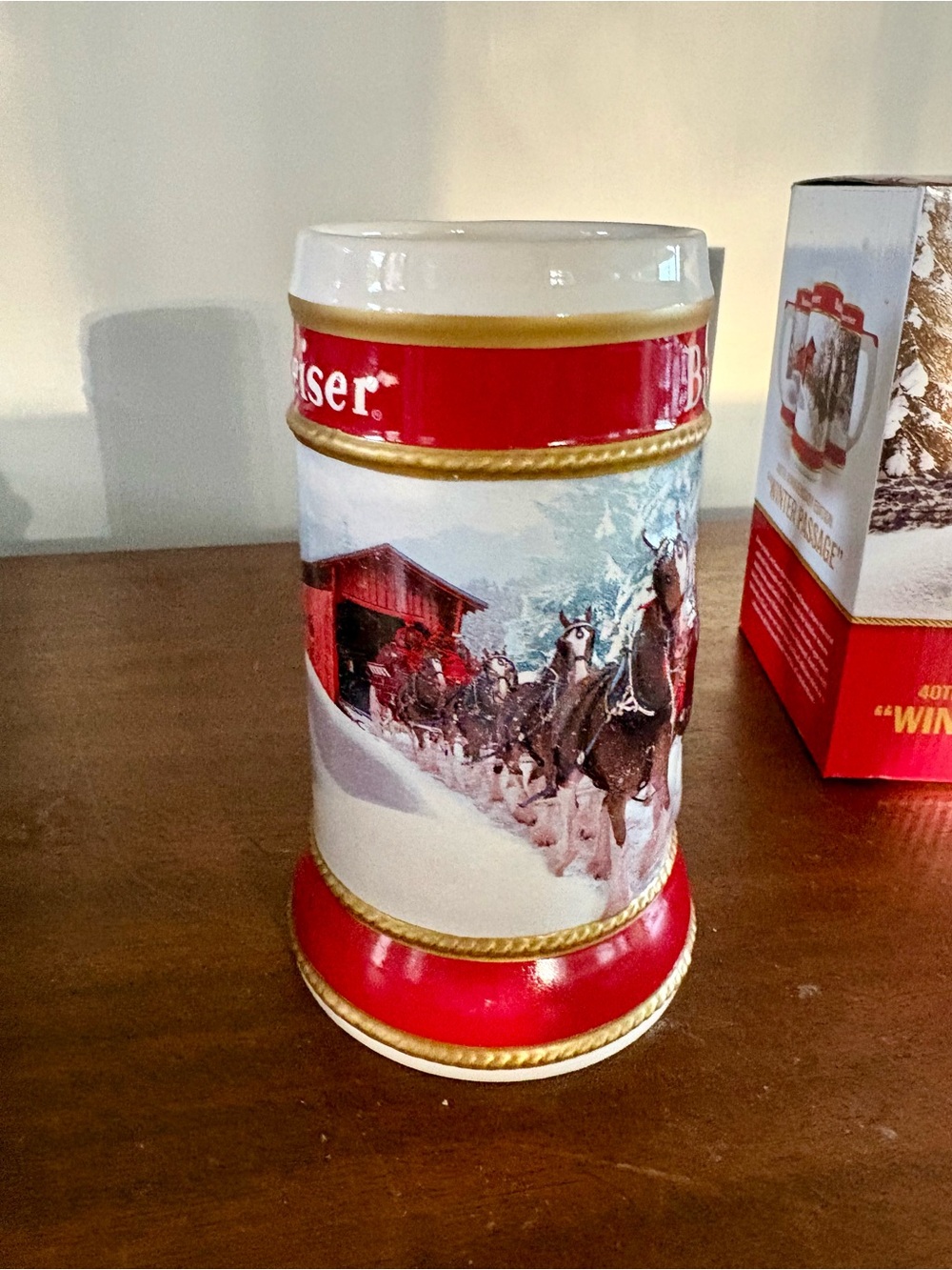 Budweiser 40th Anniversary red, White and Gold 'Winter Passage' Holiday Stein